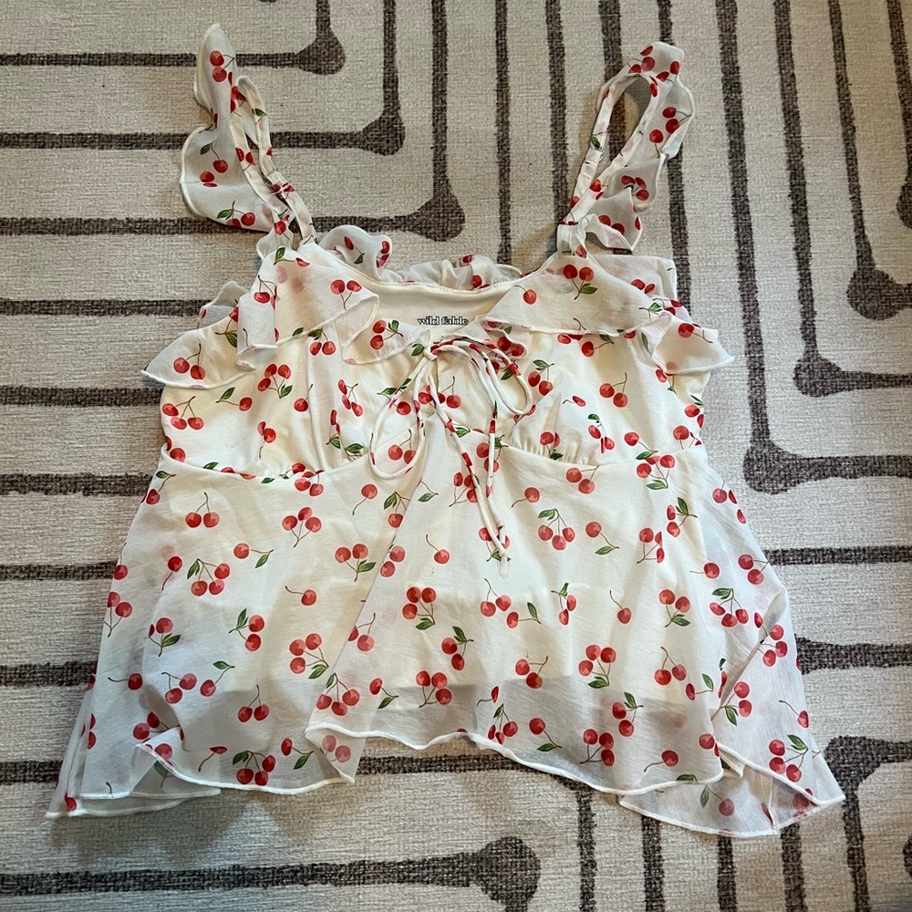 Wild Fable White and Red Cherry Ruffled Tie Front Camisole